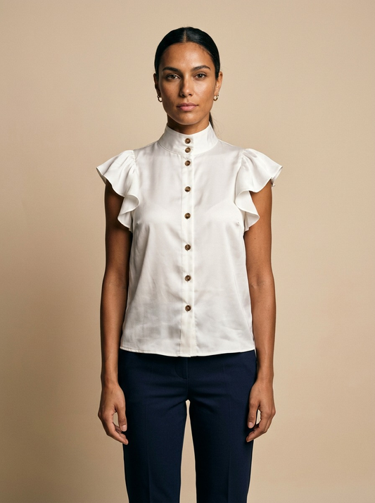 Modelo con blusa de satén blanca de cuello alto con volantes de NEVAIA, vista frontal