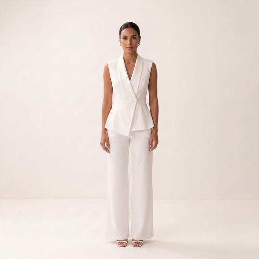 Modelo con conjunto monocromo de chaleco y pantalón de NEVAIA, vista frontal