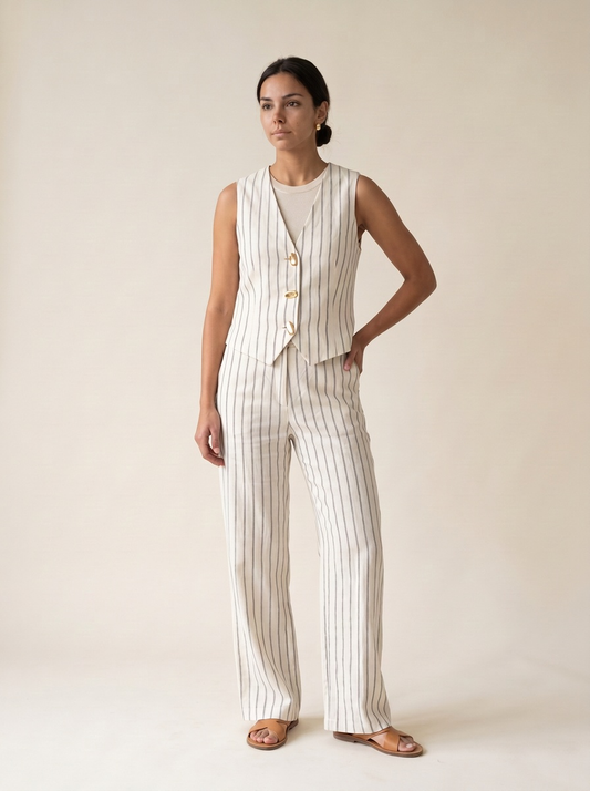 Modelo con el conjunto de chaleco y pantalón ancho de rayas color crudo de NEVAIA, vista frontal