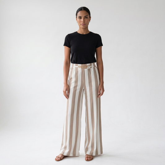 Pantalón rayas pierna ancha beige, foto frontal
