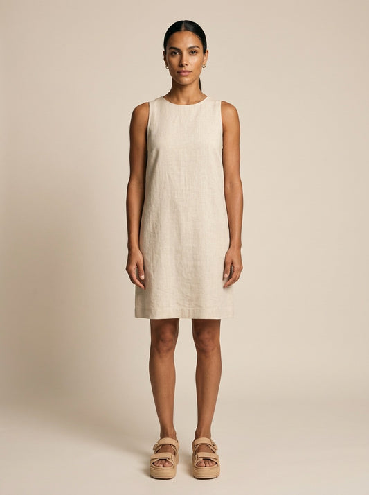 Modelo con sandalia de rafia beige con plataforma de NEVAIA, vista frontal
