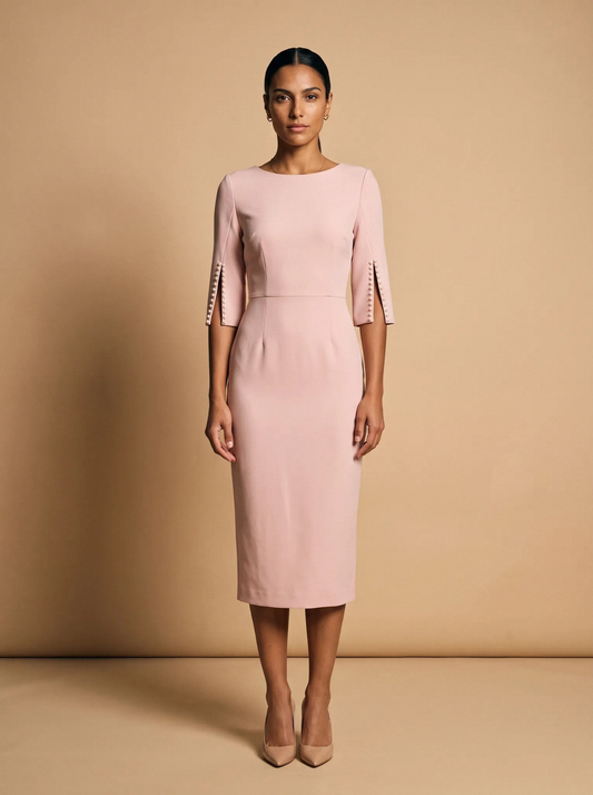 Modelo con vestido lápiz rosa con detalle de perlas de NEVAIA, vista frontal